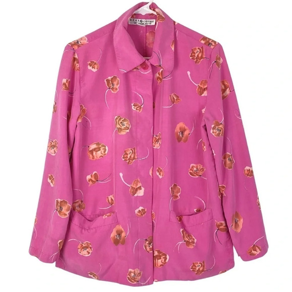 Vintage 90s Silk Floral Jacket Blazer Womens Size Small Pink Flower Print Granny - Picture 1 of 14